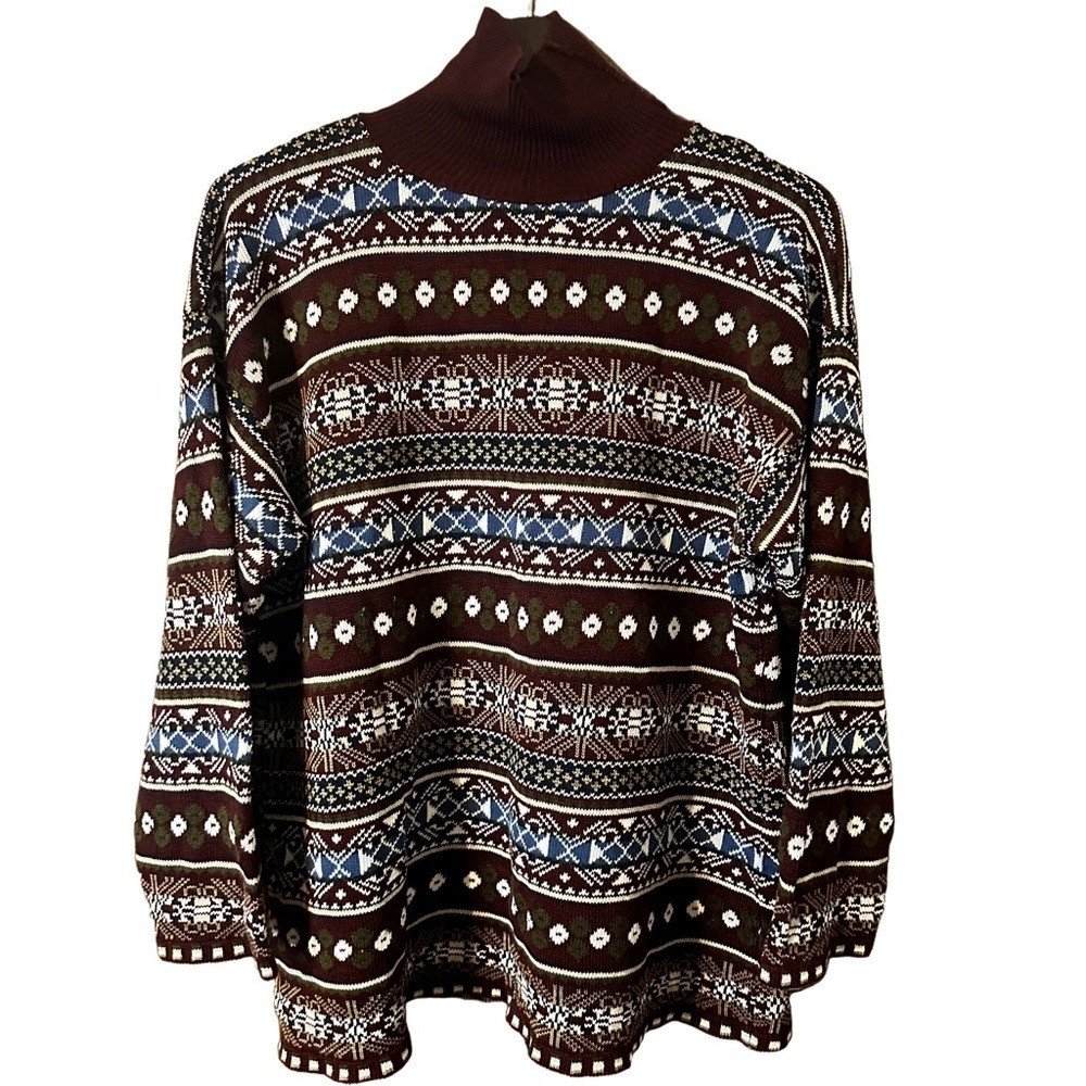 Vintage Next Issue Women’s Maroon White Black Cowl Neck Sweater XL Cottagecore